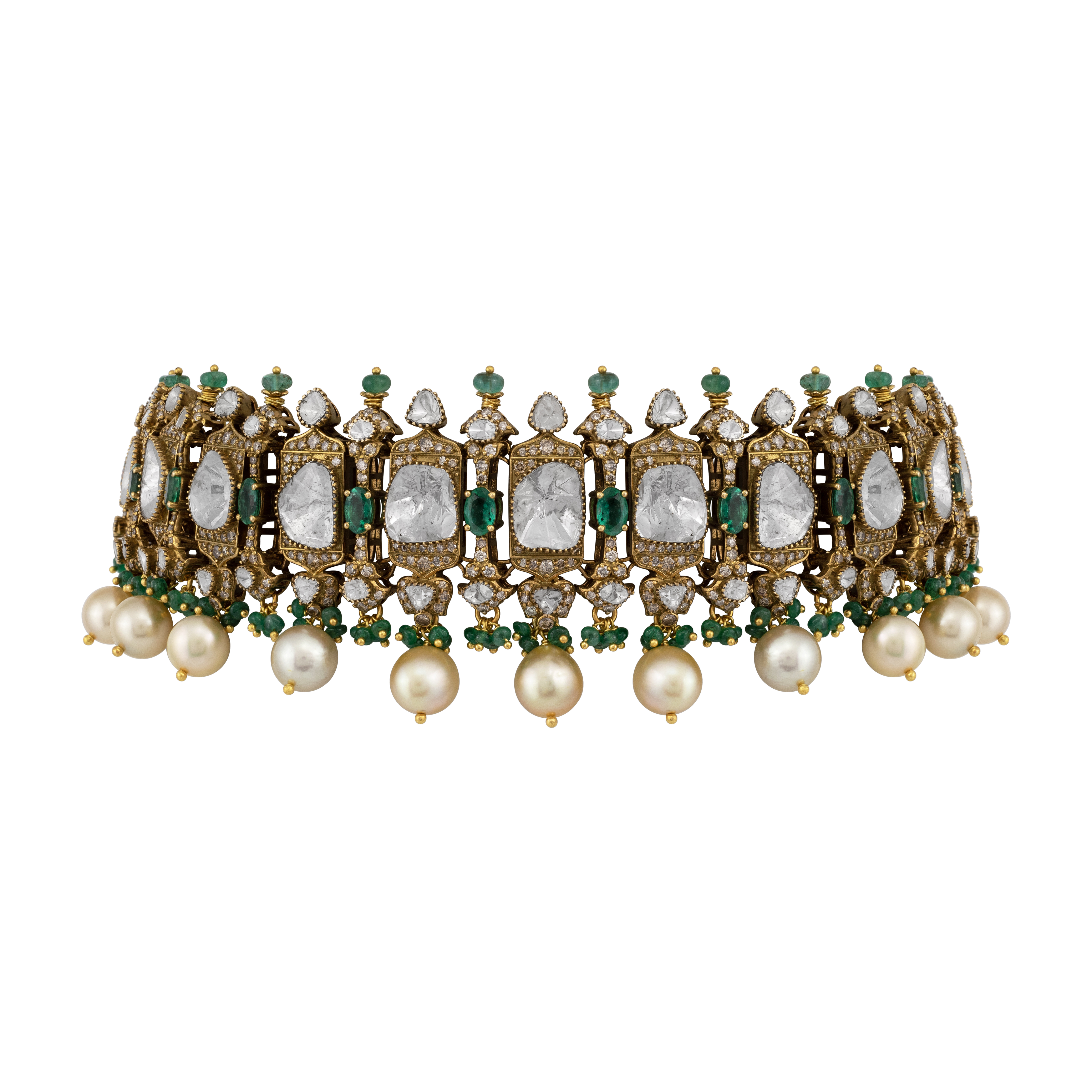 Antique Polki Choker with Emerald and Pearl Fringe